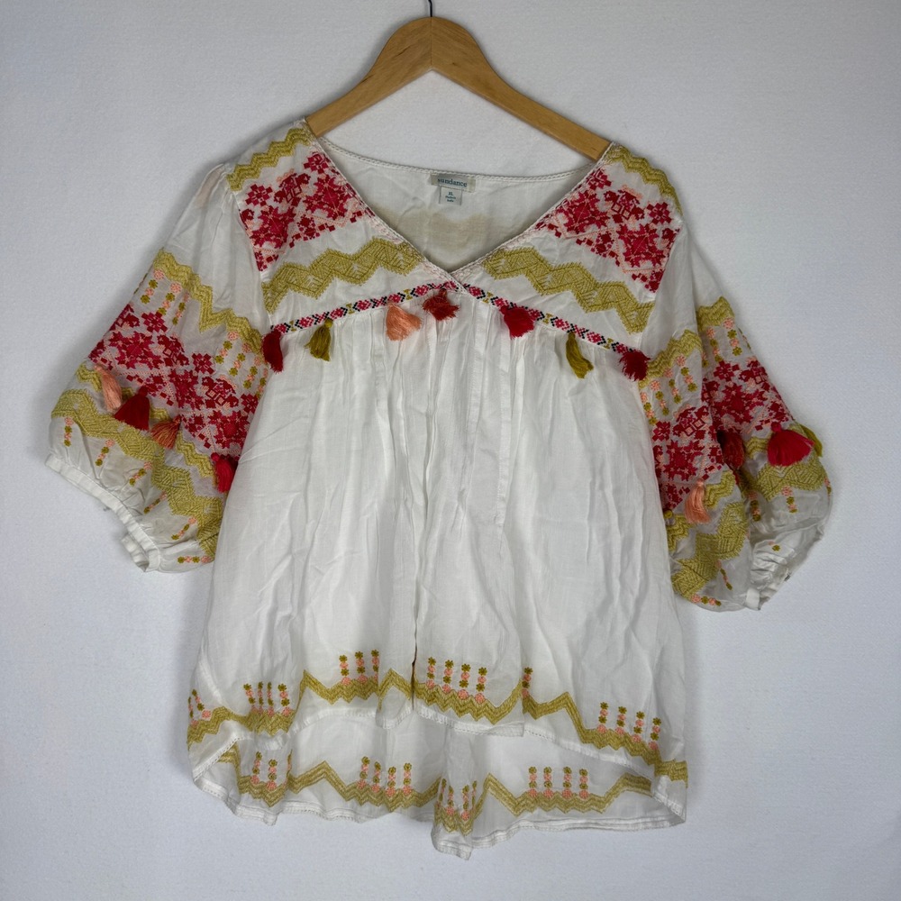 Sundance Ellora Embroidered Cotton Tassel Peasant Top White XL Boho V-Neck - Picture 2 of 14